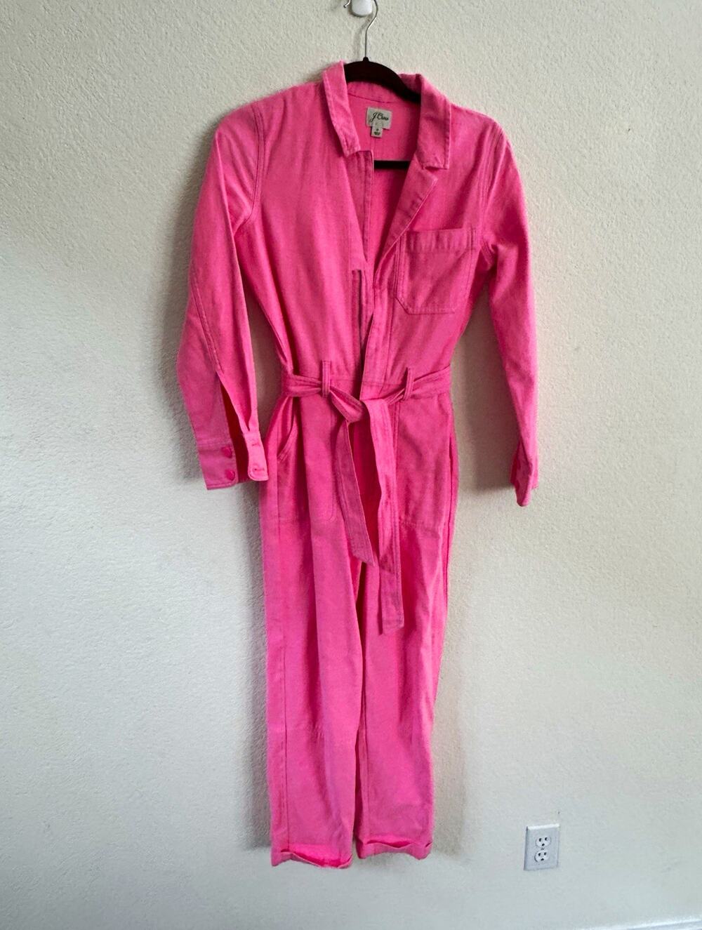 J.Crew Pink Cotton Twill Collared Long Sleeve Belted Jumpsuit Size 0
